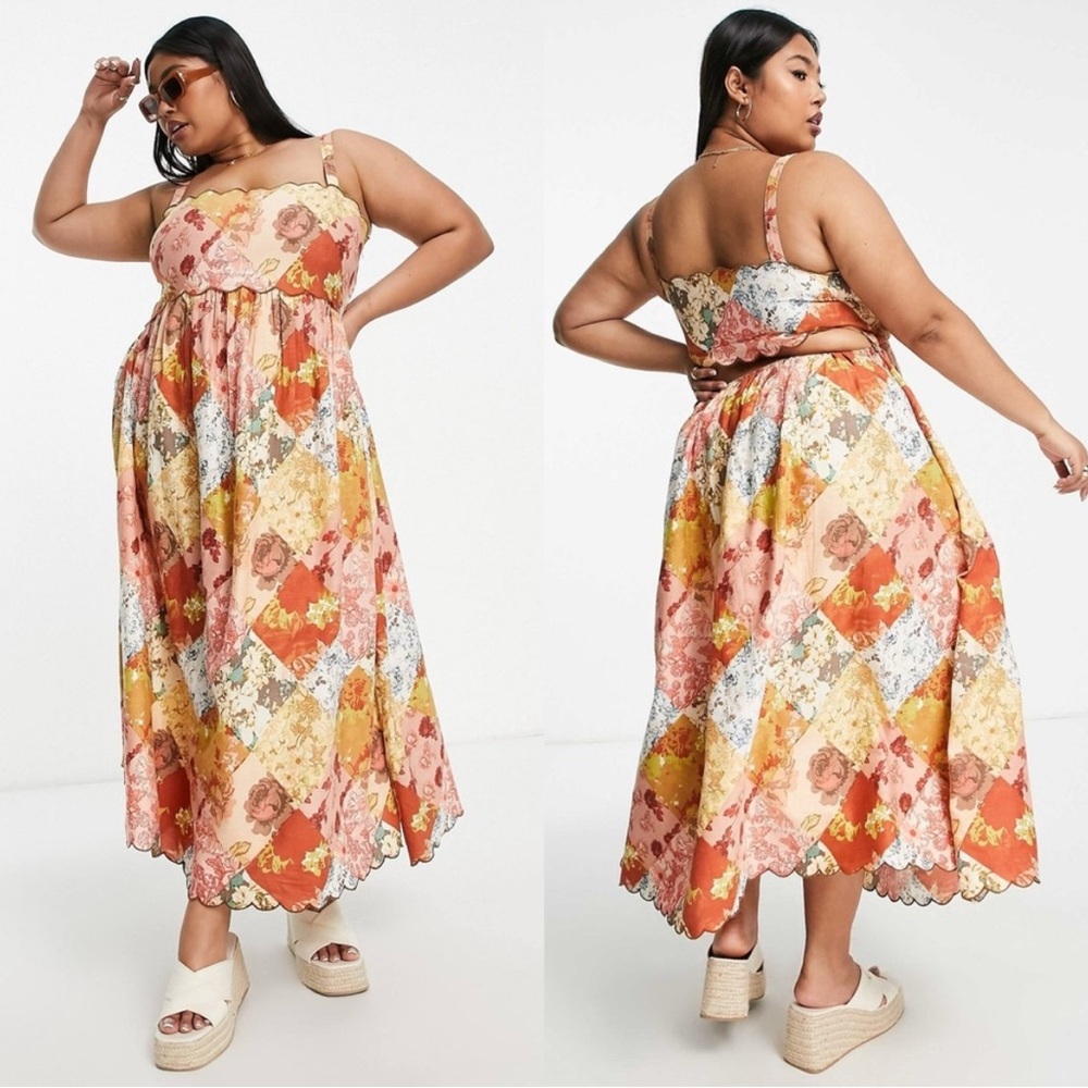 ASOS DESIGN Curve Scallop Edge Cut Out Back Midi Sundress in Patchwork Floral